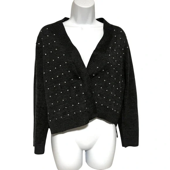 Calvin Klein Black/Gray Studded Cropped Women's Sweater Size XL Rhinestone - Picture 1 of 6